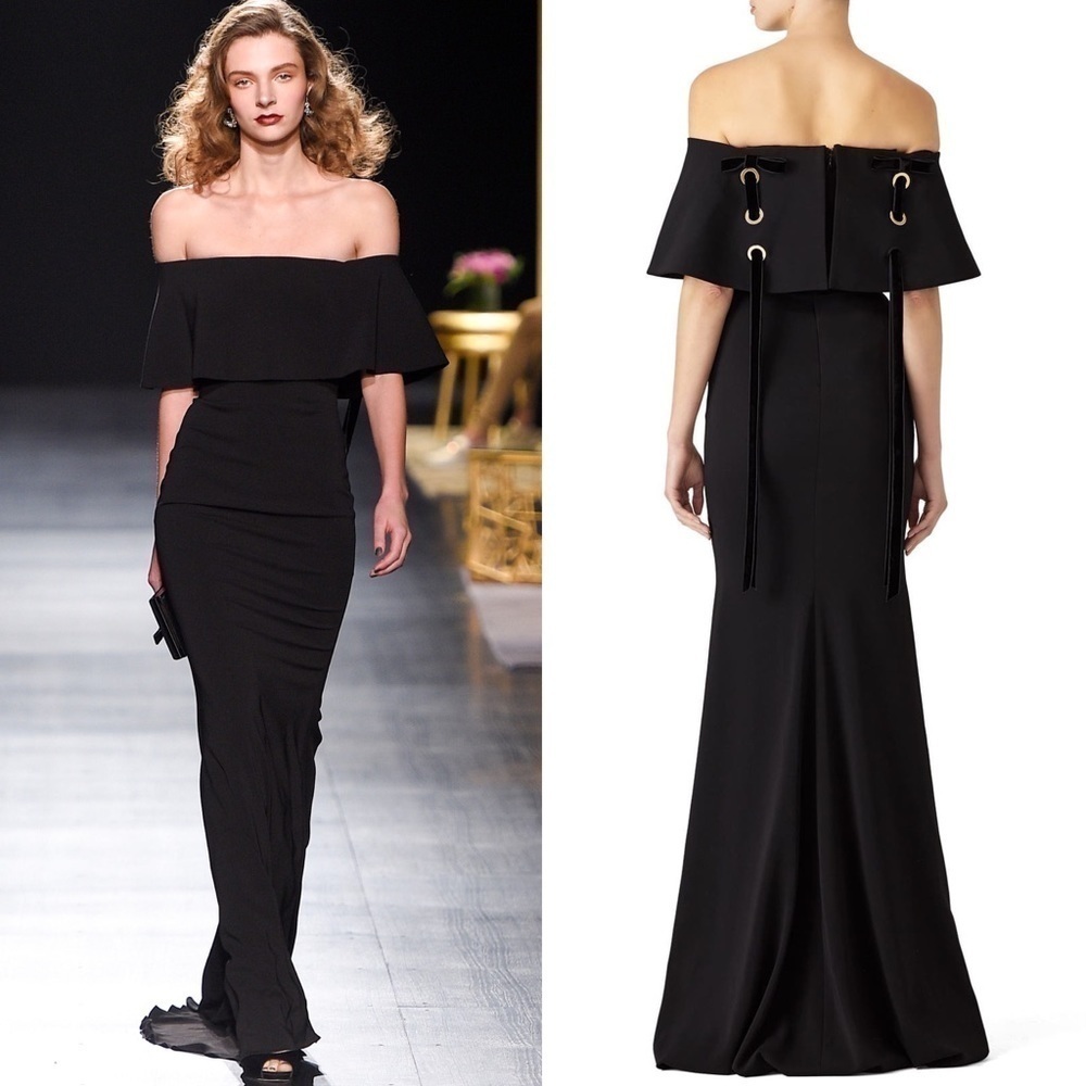 BADGLEY MISCHKA Runway Black Off Shoulder Grommet Ribbon Popover‎ Trumpet Gown 4